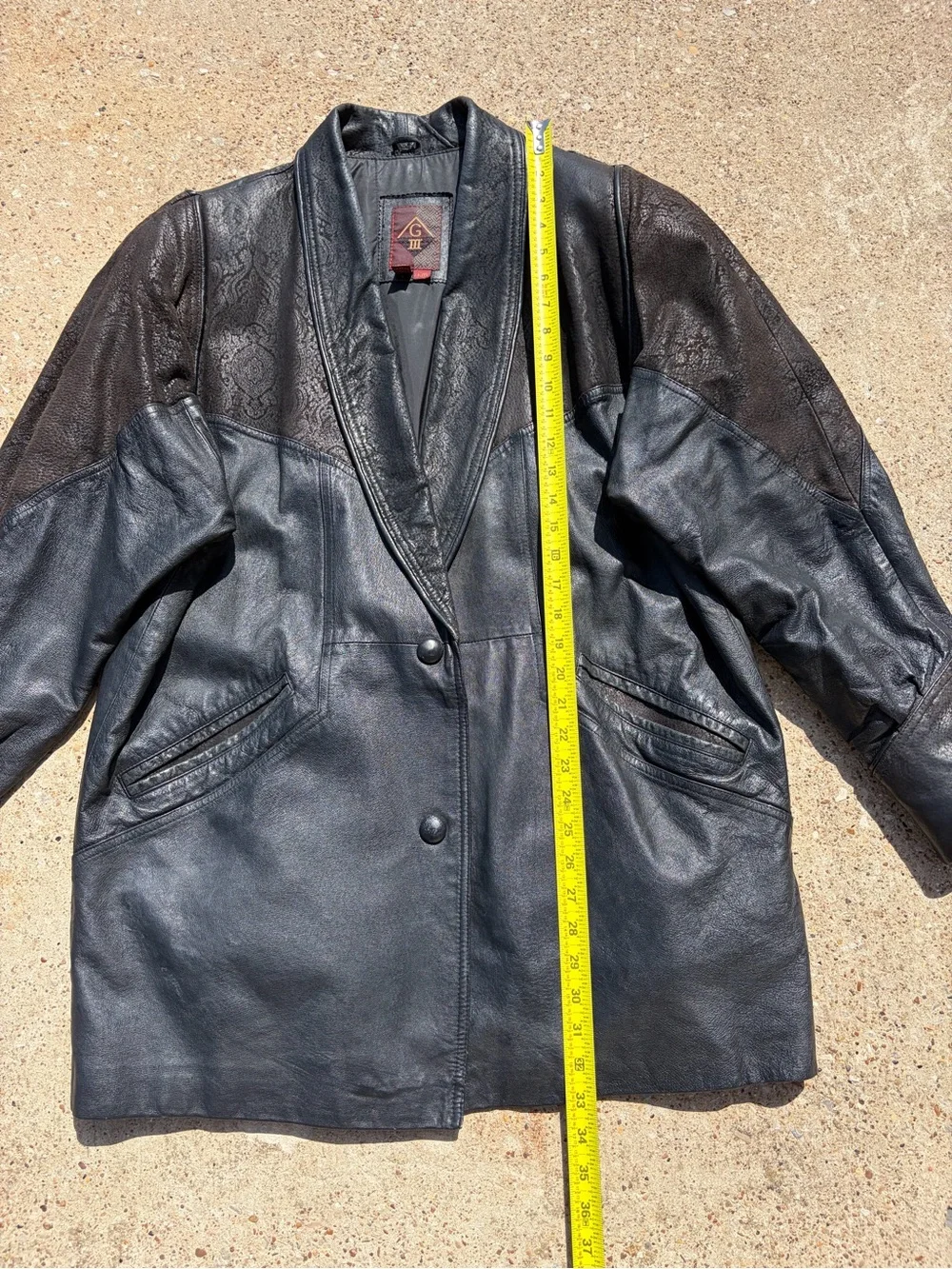 Vintage G-III Leather Coat Jacket Large L Black Brown Embossed Paisley 80s 90s